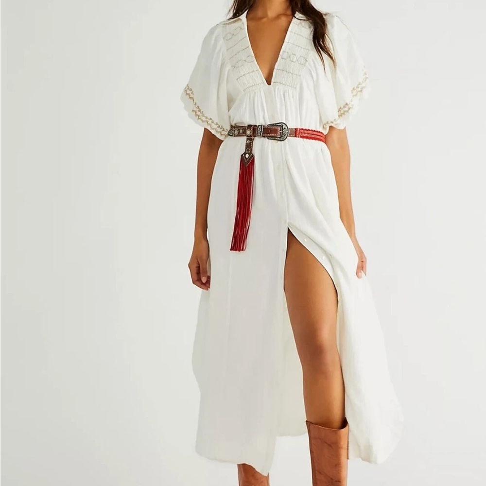NWT FREE PEOPLE Ivory Samantha Embroidered‎ Maxi Cotton Shirt-Dress - Picture 4 of 10